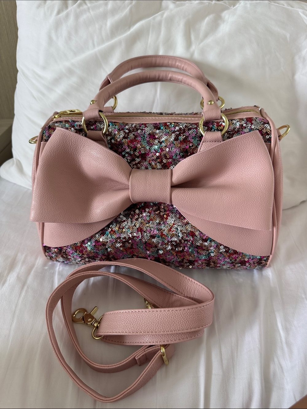 Betsey Johnson pink sequin bow crossbody bag purse